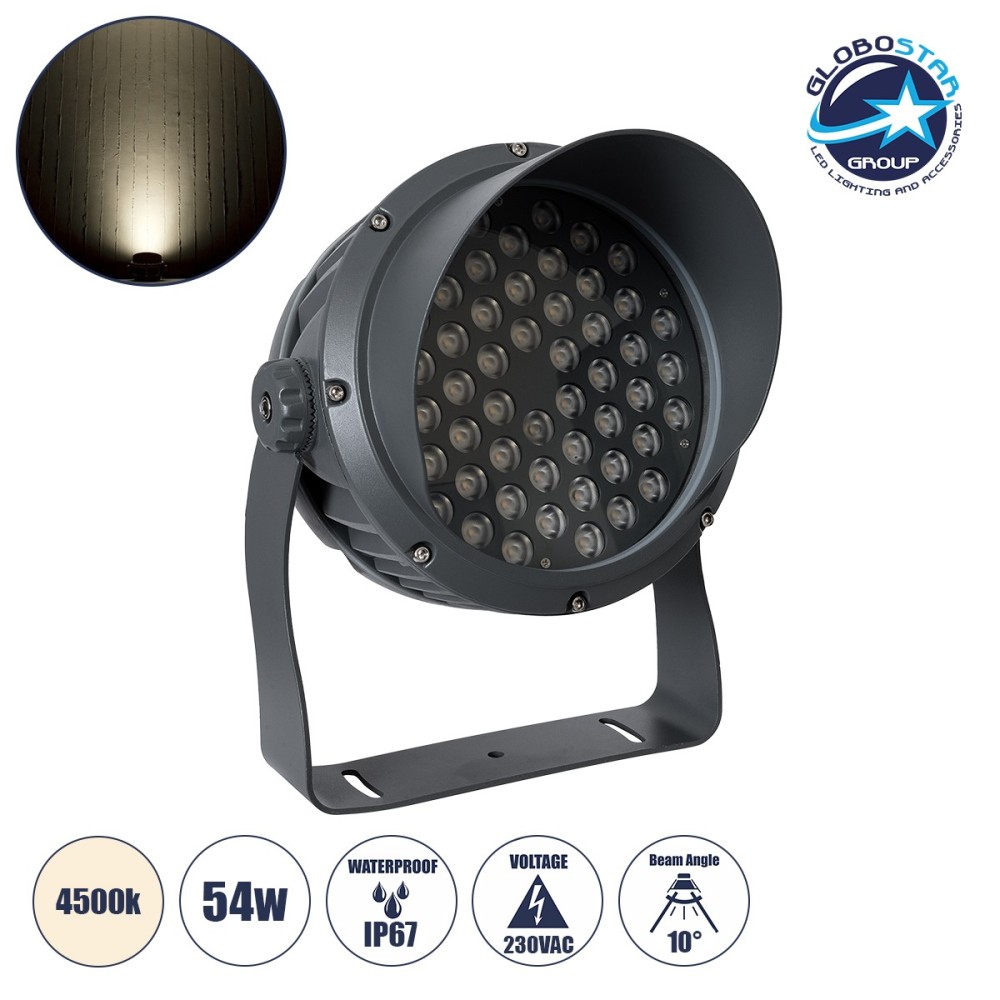 GLOBOSTAR® FLOODIMO 90744 Προβολέας Σποτ Wall Washer με Αντιθαμβωτική Γρίλια LED 54W 5130lm 10° AC 220-240V Αδιάβροχο IP67 Φυσικό Λευκό 4500K - Bridgelux SMD Chip - Γκρι Ανθρακί - Μ26 x Π28 x Υ35cm - 3 Χρόνια Εγγύηση